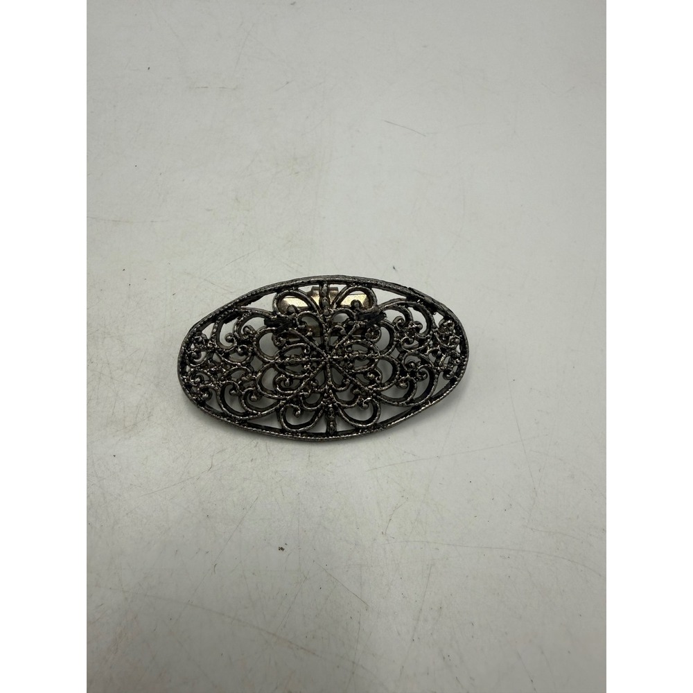 Vintage Silver Tone Filigree Oval Shoe Clip Scroll Openwork Metal Barrette